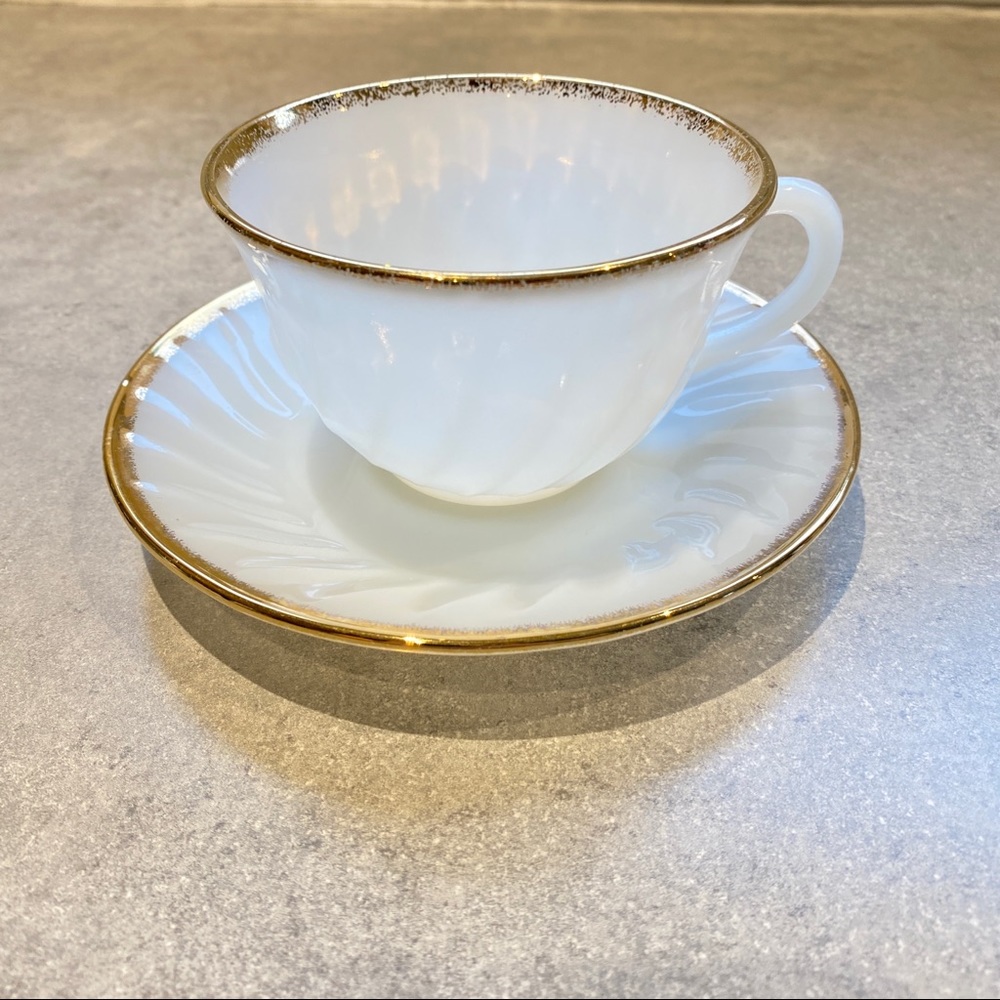 Fire King Milk Glass White and Gold Cup and Saucer - White Swirl made by Anchor